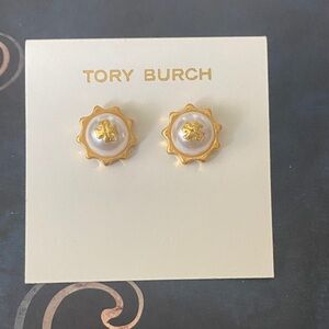 Tory Burch Gold-Tone & Pearl Logo Sunburst Stud Earrings